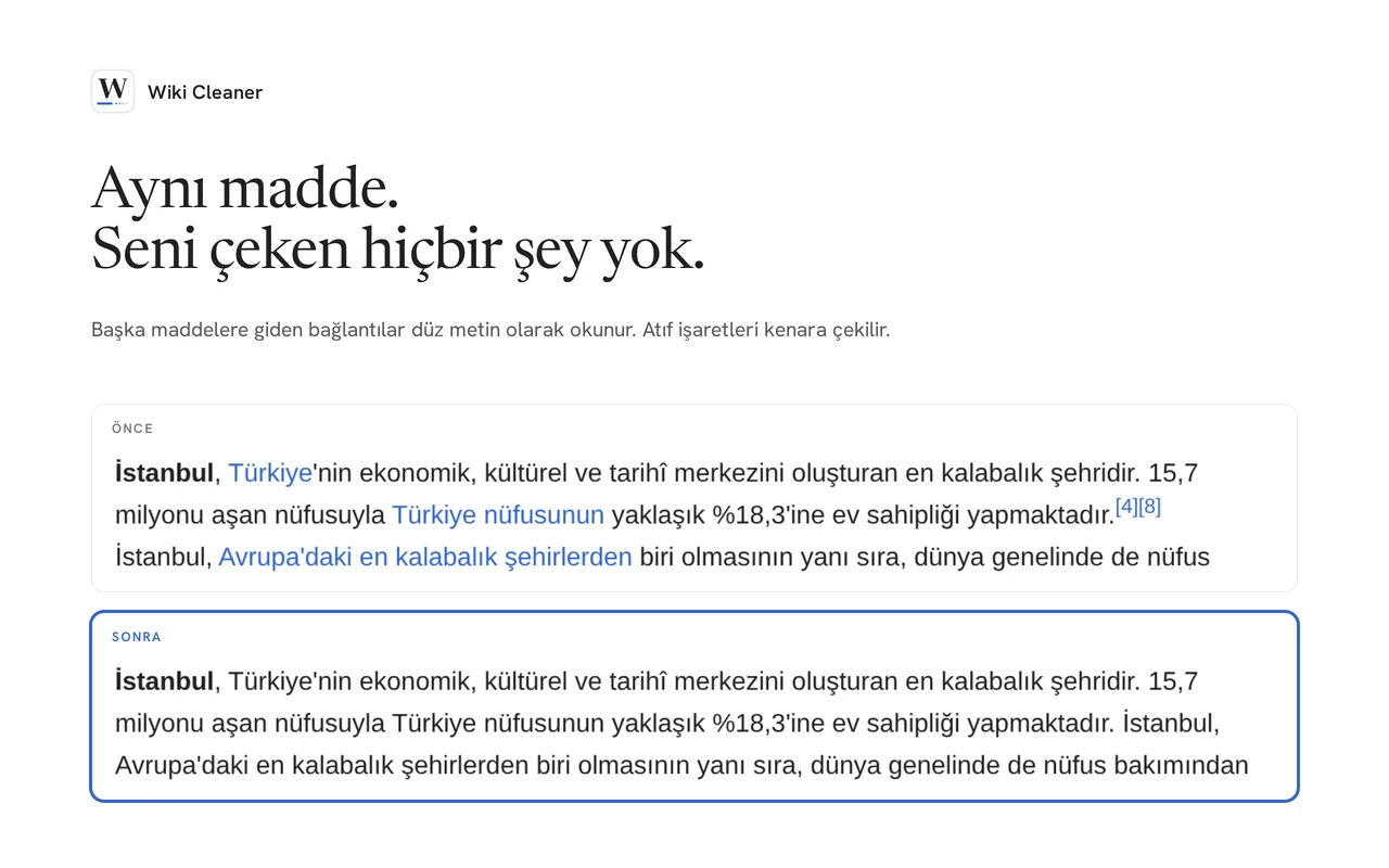 Önce ve sonra: aynı paragraf, bağlantılar düz metne dönmüş.