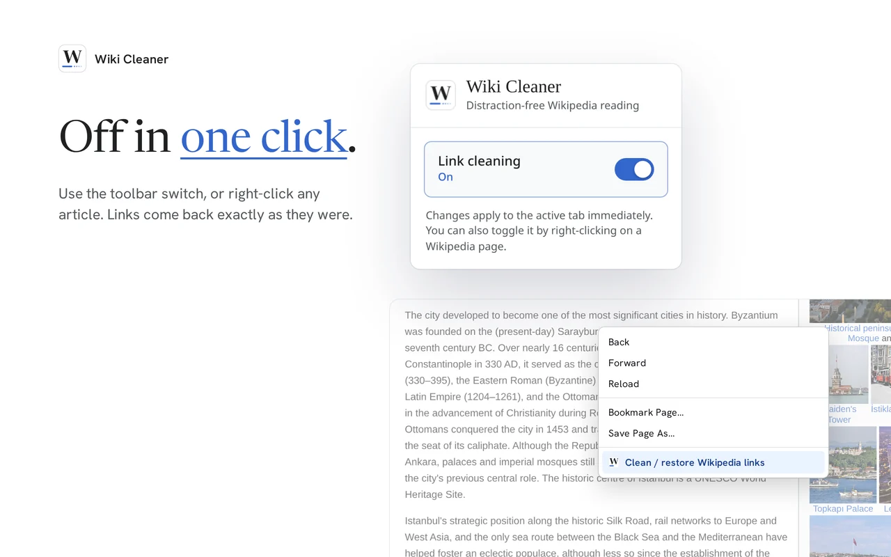 The toolbar switch and the right-click menu item that turn link cleaning off and on.