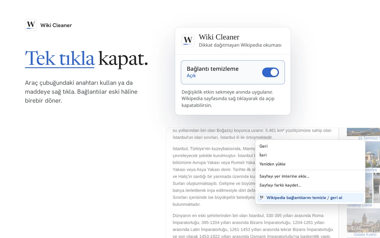 Bağlantı temizlemeyi açıp kapatan araç çubuğu anahtarı ve sağ tık menüsü.